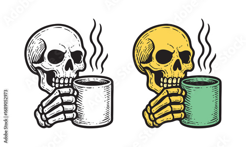 Illustration of skull holding hot coffee mug, creepy unique design for poster and tshirt