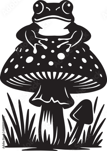 Black Silhouette of a Frog Sitting on a Mushroom with Smaller Mushroom and Grass amphibian toad