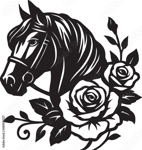Black Silhouette of a Horse Head Surrounded by Roses and Leaves equine animal