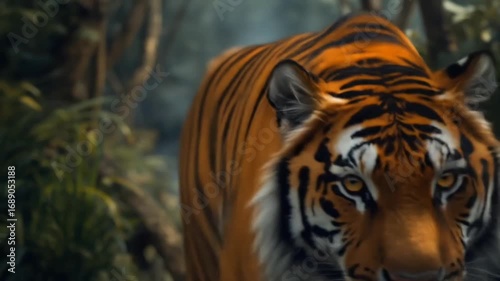 A tiger walking through a dense jungle.