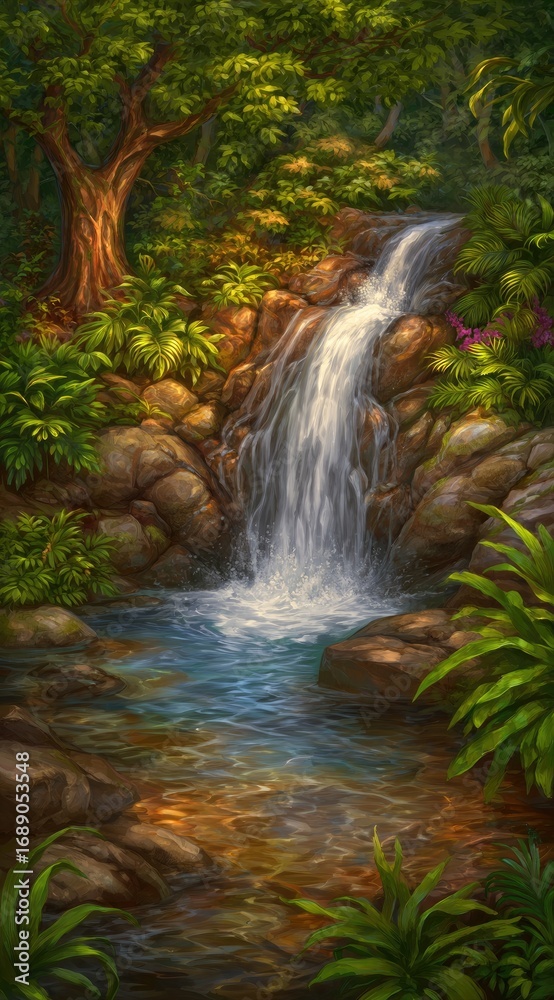 Fototapeta premium Lush waterfall cascades over rocks into a clear pool, surrounded by dense foliage. Tree trunk visible on the left. Vivid colors and painterly style