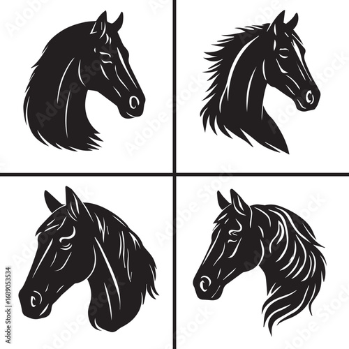 Four black silhouette illustrations of horse heads with flowing manes on a white background black and white