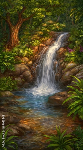 Lush waterfall cascades over rocks into a clear pool, surrounded by dense foliage. Tree trunk visible on the left. Vivid colors and painterly style