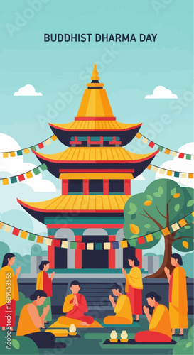 Vibrant Buddhist Dharma Day celebration with temple, prayer flags, and devotees in peaceful meditation