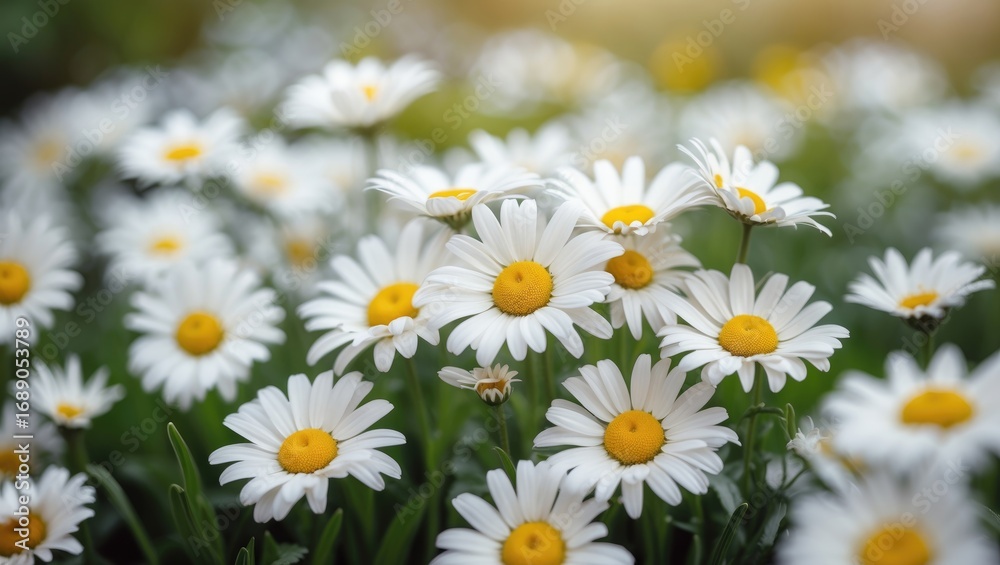 Fototapeta premium Cluster of daisies with white petals and yellow centers in a garden setting.