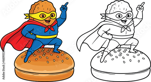 Dynamic cartoon of a cheerful superhero meatball character striking a heroic pose on top of a hamburger bun, ready for action