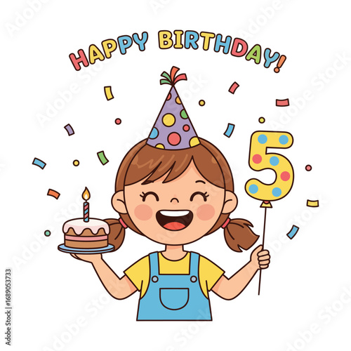 A happy girl with a birthday cake and balloon celebrates her fifth birthday.