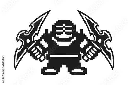 Pixelated Ninja Silhouette, Holding Swords with White Background, Gaming, Retro 8bit