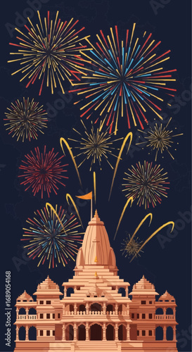 Vibrant temple celebration with fireworks, a stunning spiritual landscape perfect for culture promotions