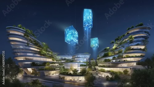 Futuristic green-covered architecture with glowing cubes at night