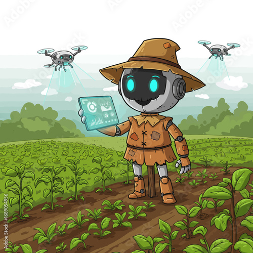 Precision Agriculture Robot & Drone Monitoring Crops Vector Illustration for Smart Farming Solutions