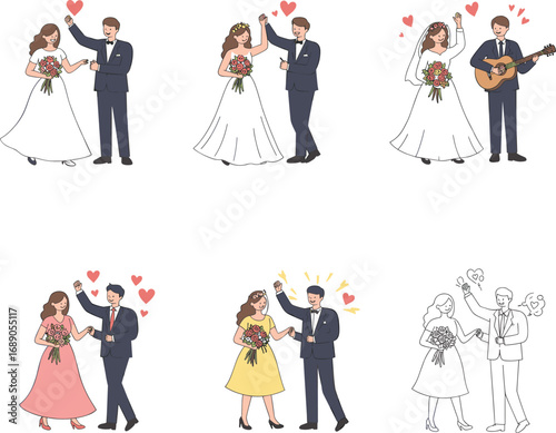 Bride and groom cartoon wedding couple dancing, romantic celebration, wedding dress illustration, love moment, marriage ceremony clipart, cute vector.