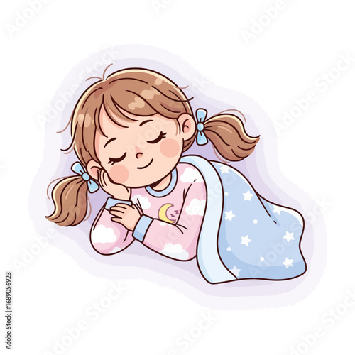 Cartoon illustration of a girl sleeping peacefully under a blanket.