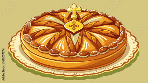 Almond-based Tarta de Santiago, dusted with sugar and cross emblem, sits gracefully. Isolated background highlights Galicia’s heritage, simplicity, and elegant presentation of Spanish pastry culture.
