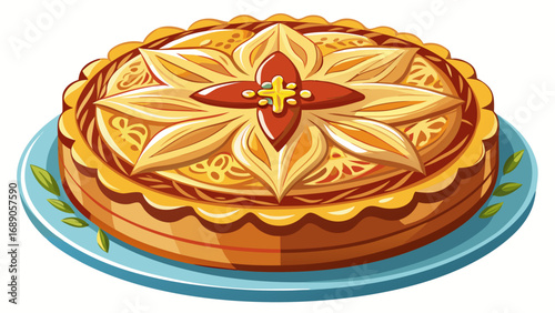 Almond-based Tarta de Santiago, dusted with sugar and cross emblem, sits gracefully. Isolated background highlights Galicia’s heritage, simplicity, and elegant presentation of Spanish pastry culture.