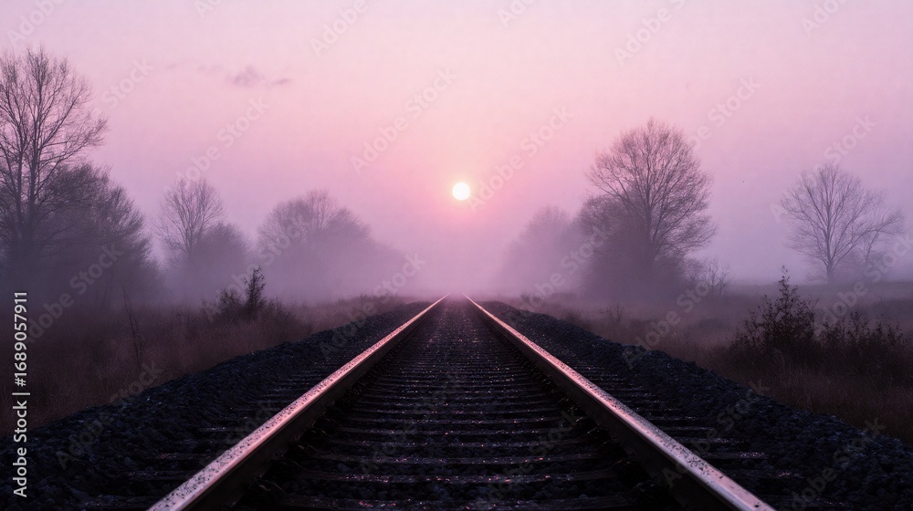 Fototapeta premium Misty railway tracks at dawn with a vibrant pink sky and distant sun