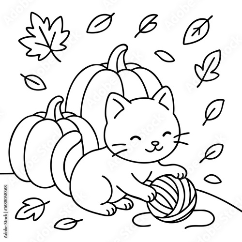 Cute cat in sweater holding apple and yarn ball with autumn leaves. Cozy fall coloring page.