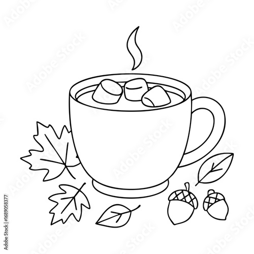 Hot cup of cocoa with marshmallows and autumn leaves. Cozy coloring page.