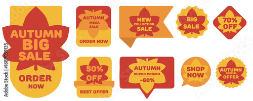 Big set of editable autumn sale frames and stickers with red maple leaf, orange and yellow colors. Perfect for banners, labels, coupons and seasonal promotions.