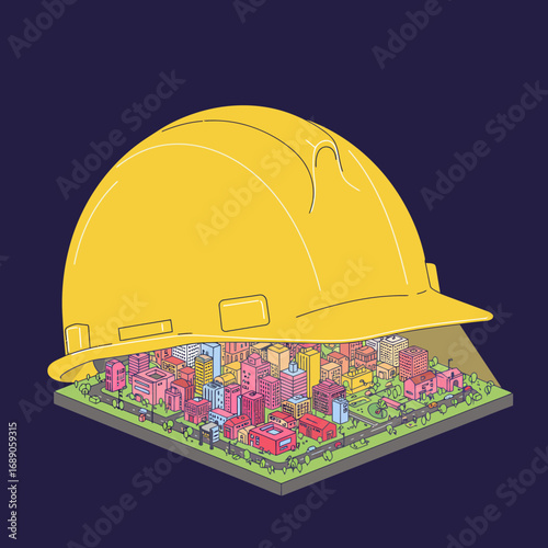 A vibrant, colorful miniature city scape is carefully protected and overseen by a large yellow construction hard hat, symbolizing urban planning and development.