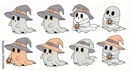 A collection of cute cartoon ghosts dressed in Halloween costumes with witch hats and mummy bandages.
