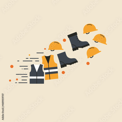 An illustrative depiction of essential personal protective equipment, including hard hats, safety vests, and sturdy work boots, symbolizing workplace safety and compliance.