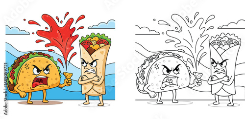 Humorous cartoon depicting an angry taco character splashing hot sauce at an equally furious burrito character in a comical food fight