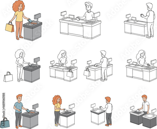 Cartoon people shopping at checkout counter, payment process illustrations, cashier and customer interactions, supermarket checkout scenes, retail store transaction icons