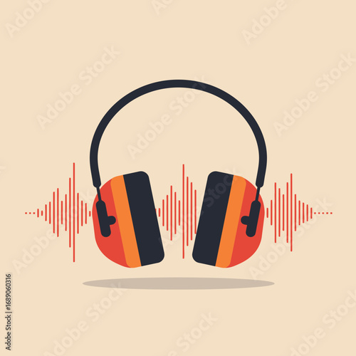 A stylish flat design illustration features orange and black headphones, symbolizing sound, music, or hearing protection with a dynamic red sound wave.