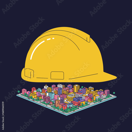 A bright yellow construction hard hat symbolizes safety and planning, overseeing the intricate, colorful isometric urban landscape below, representing modern city development.