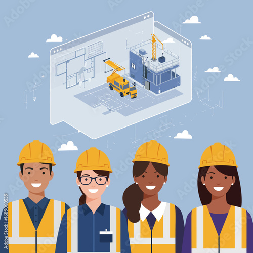 A diverse team of engineers and construction workers collaborate on a digital blueprint for a modern building project, showcasing innovation and teamwork.