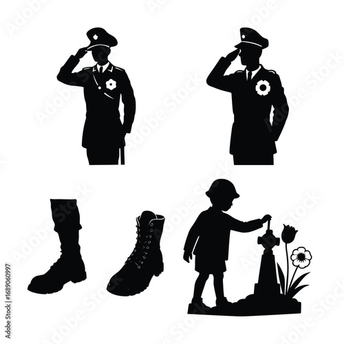 Vector art of silhouette illustration depicting remembrance day with soldiers saluting, boots, and a child placing a poppy on a grave