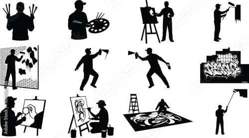 Silhouettes of artists painting, spray painting graffiti, using brushes and palettes, creating street art, mural work, creative expression, teamwork, and artistic process.