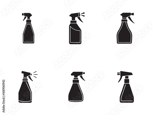 Cleaning Spray Bottle Silhouette Collection for Disinfection and Hygiene Products Vector Illustration Set White Background