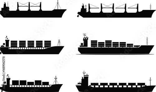 Cargo ship silhouettes set, container ships icons, freight transportation vector, maritime shipping symbols, ocean freight vessels, large ship illustration, sea transport design