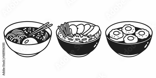 Three bowls of food with different contents including noodles vegetables and dumplings in black and white