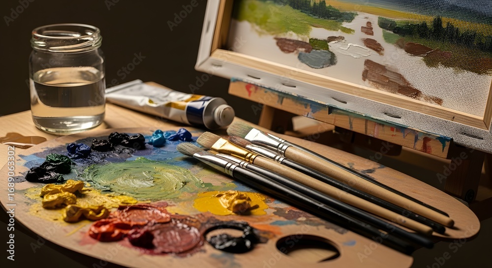 Fototapeta premium Artistic painting tools and canvas tray