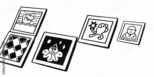 Illustration of five square cards displaying various designs including a crocodile and a checkered pattern