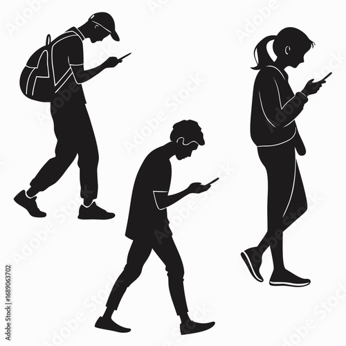 Diverse group of young people walking and engrossed in their mobile phones on a white background
