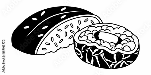 Two pieces of sushi roll with rice and seaweed in black and white line art illustration style