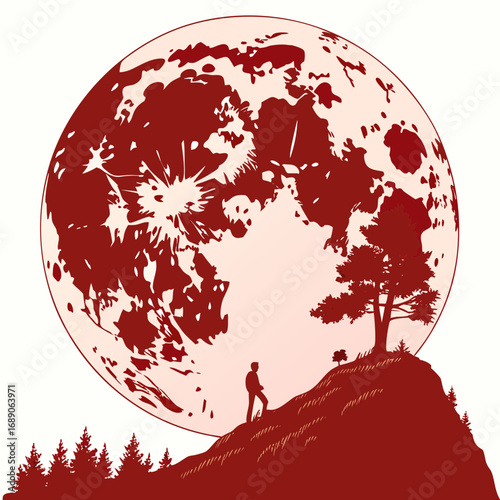 Lone silhouette of a person standing on a hill beneath a giant stylized red moon at night