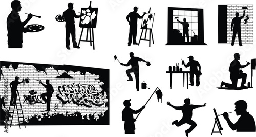 Silhouettes of artists painting, creating graffiti art on brick walls, using brushes, rollers, spray cans, ladders, palettes, creative expression, teamwork, and street art.