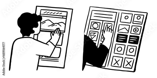 Person interacting with two interfaces showing different design elements and layout structures clearly visible