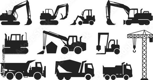 Construction vehicles icons set, excavators, loaders, dump trucks, cranes, heavy machinery, construction equipment, industrial vehicles, building site tools collection