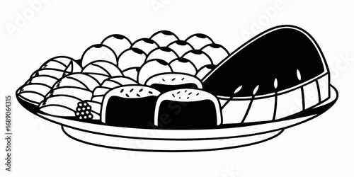 A monochrome illustration of a plate filled with various fruits and desserts in a simple line art style