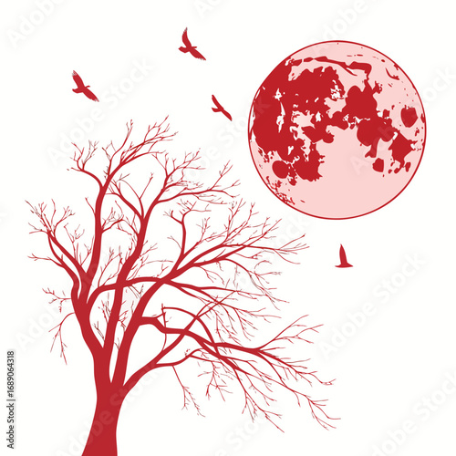 Red silhouette of a bare tree and birds flying against a large red moon on a white background