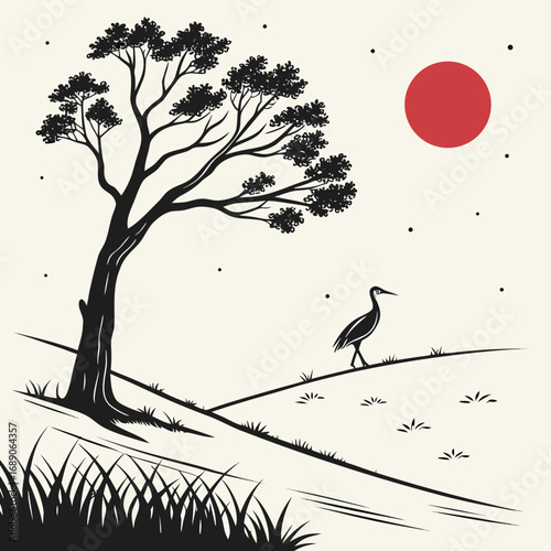 Silhouette of a lone crane standing on a grassy hill under a red sun and starry sky