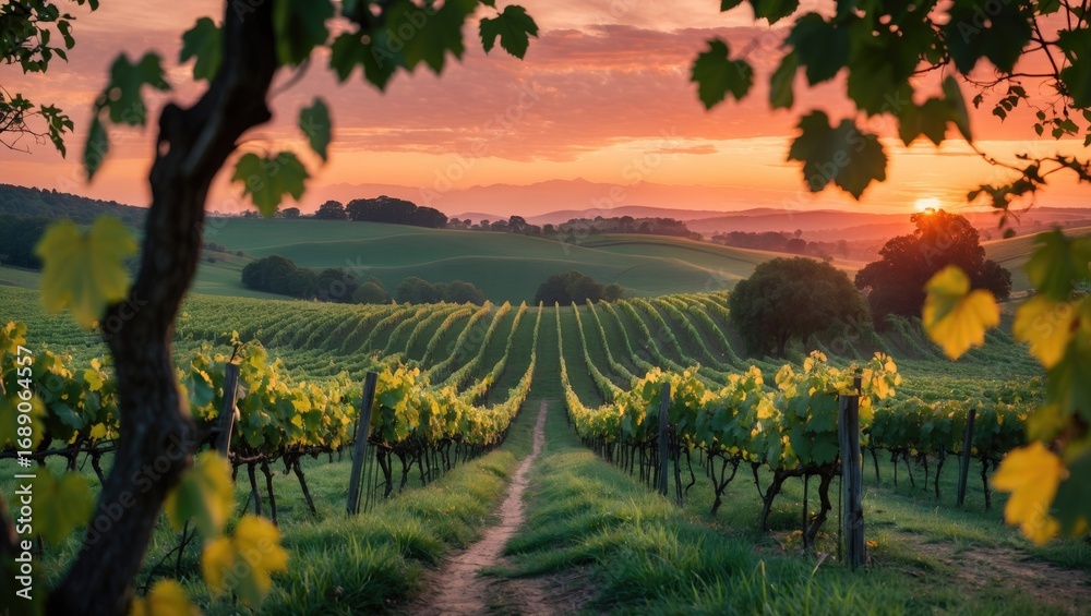 Naklejka premium Vineyard landscape during sunset with a dirt path, rolling hills, and rows of grapevines, capturing the beauty of nature and agriculture at dusk.