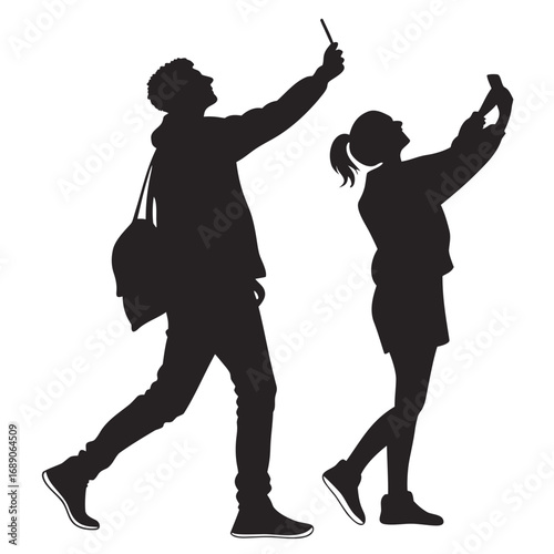 Silhouettes of a man and a woman walking and taking selfies with their smartphones on a white background