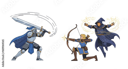 Fantasy Battle Scene - Knight, Archer, and Wizard in Action.